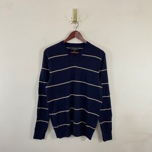 Banana Republic Merino Wool Striped V-Neck Knit Sweater Navy Cream Mens Medium